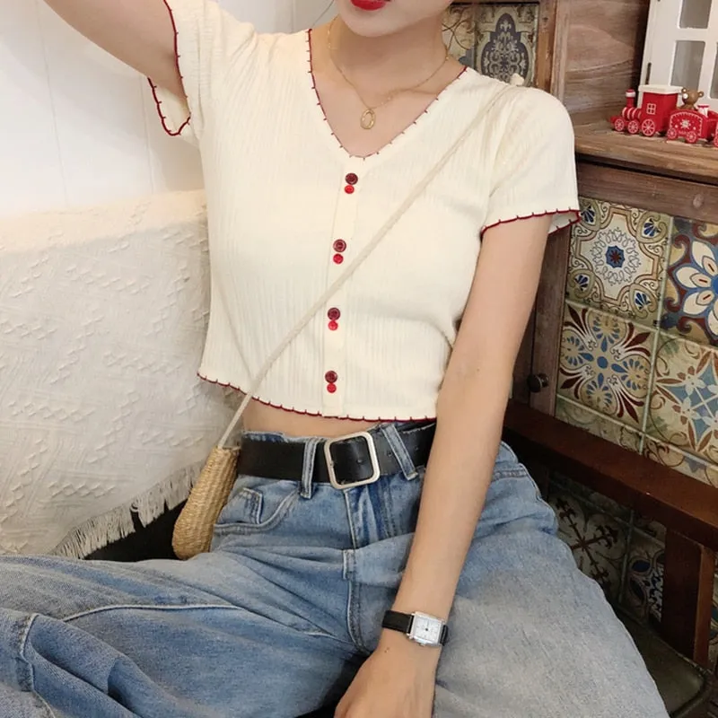 T-shirts Women Flounce Hem Knitted Tee Female Cute Buttoned Up