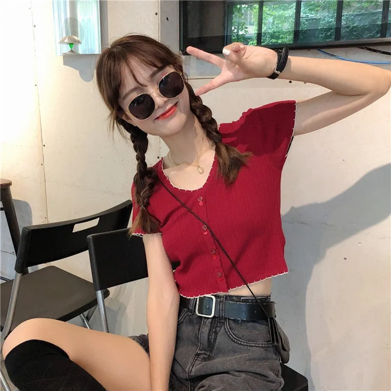 T-shirts Women Flounce Hem Knitted Tee Female Cute Buttoned Up