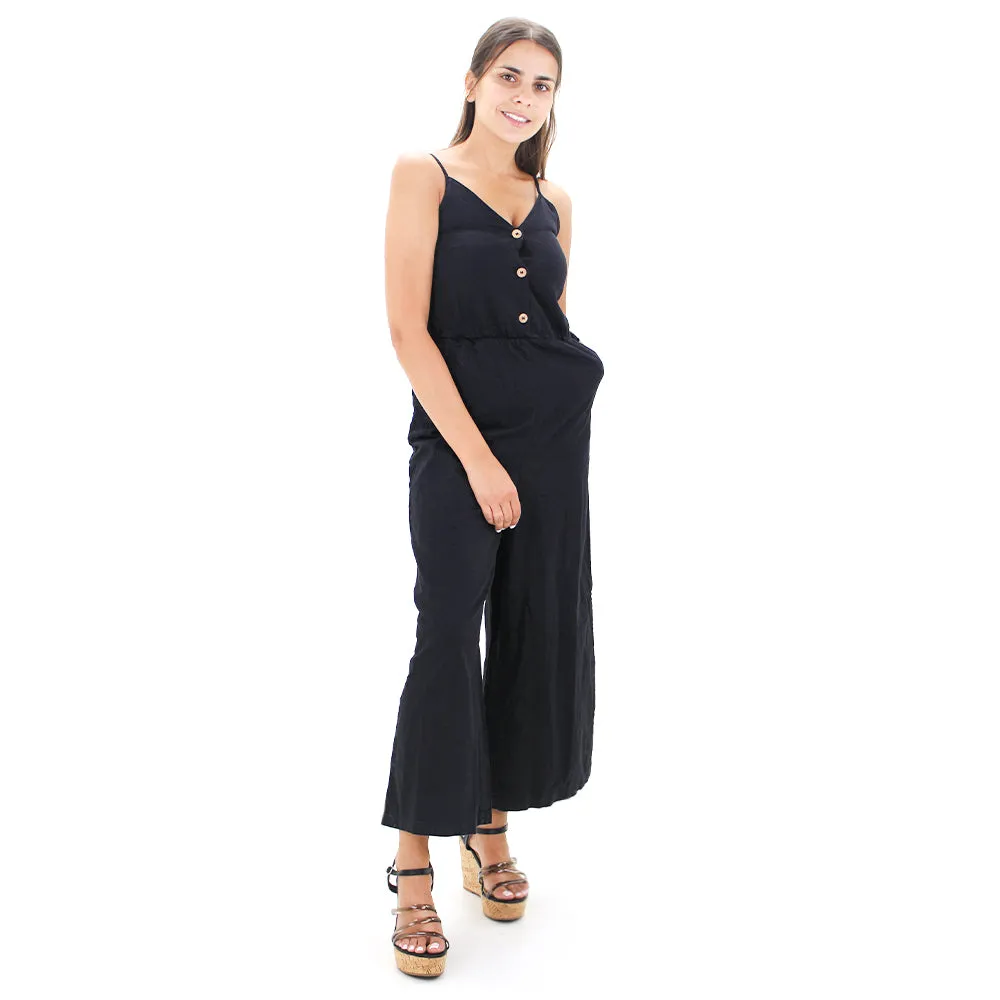 Women's Buttons Wide Leg Cropped Jumpsuit,Black