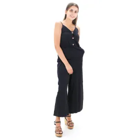 Women's Buttons Wide Leg Cropped Jumpsuit,Black